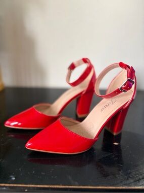 Forever 21 Red Patent Pointed Block Heel Ankle-Strap Pumps